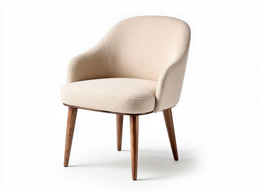 Upholstered accent chair in beige wool with wooden legs measuring 70 x 70 x 80cm