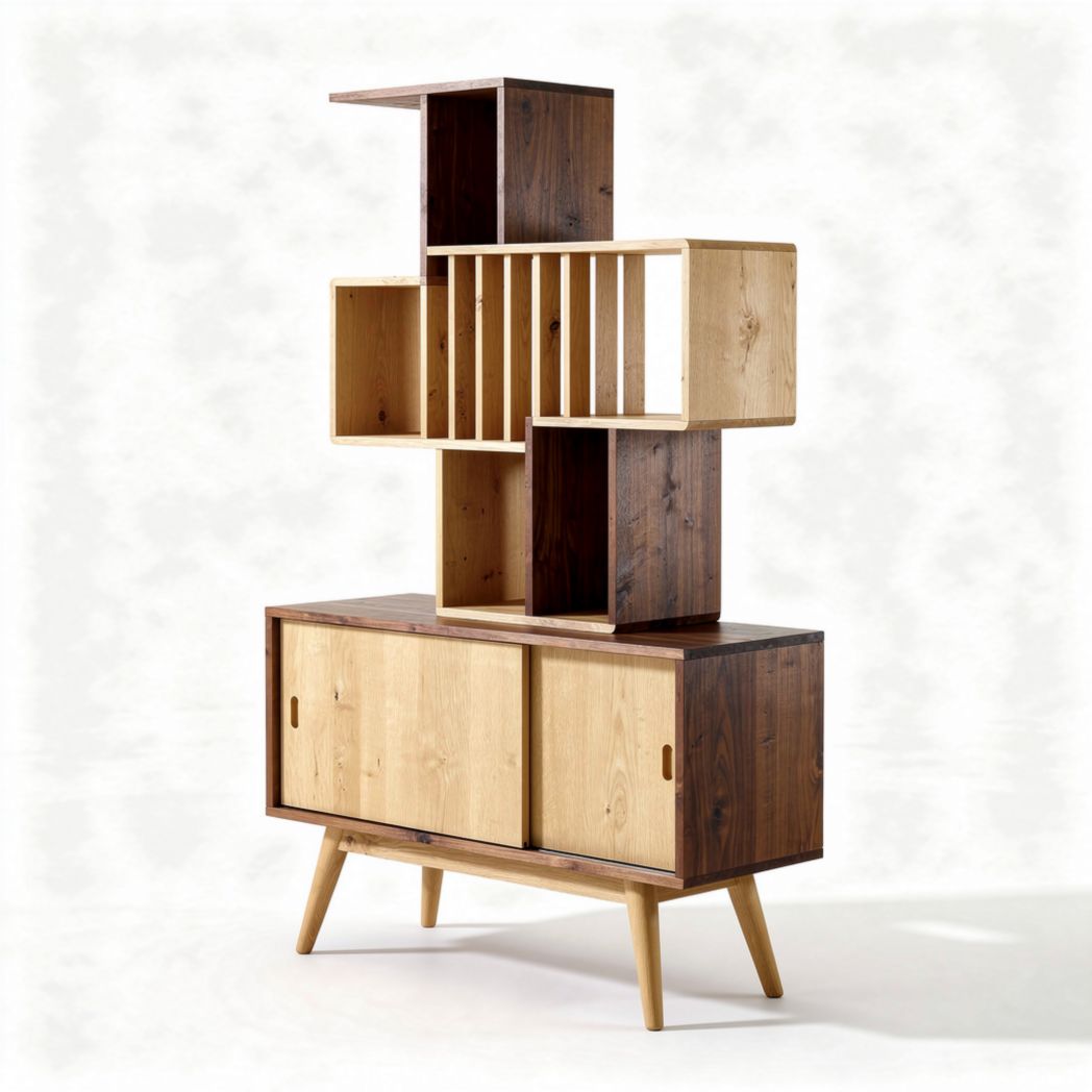 Wooden storage cabinet with geometric design and two doors 120 x 40 x 180cm