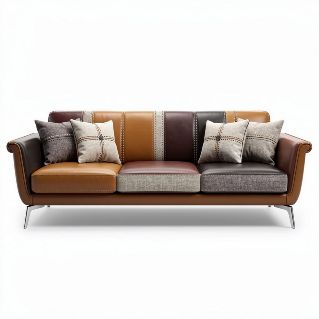 Leather sofa with decorative cushions in mixed colors and modern design