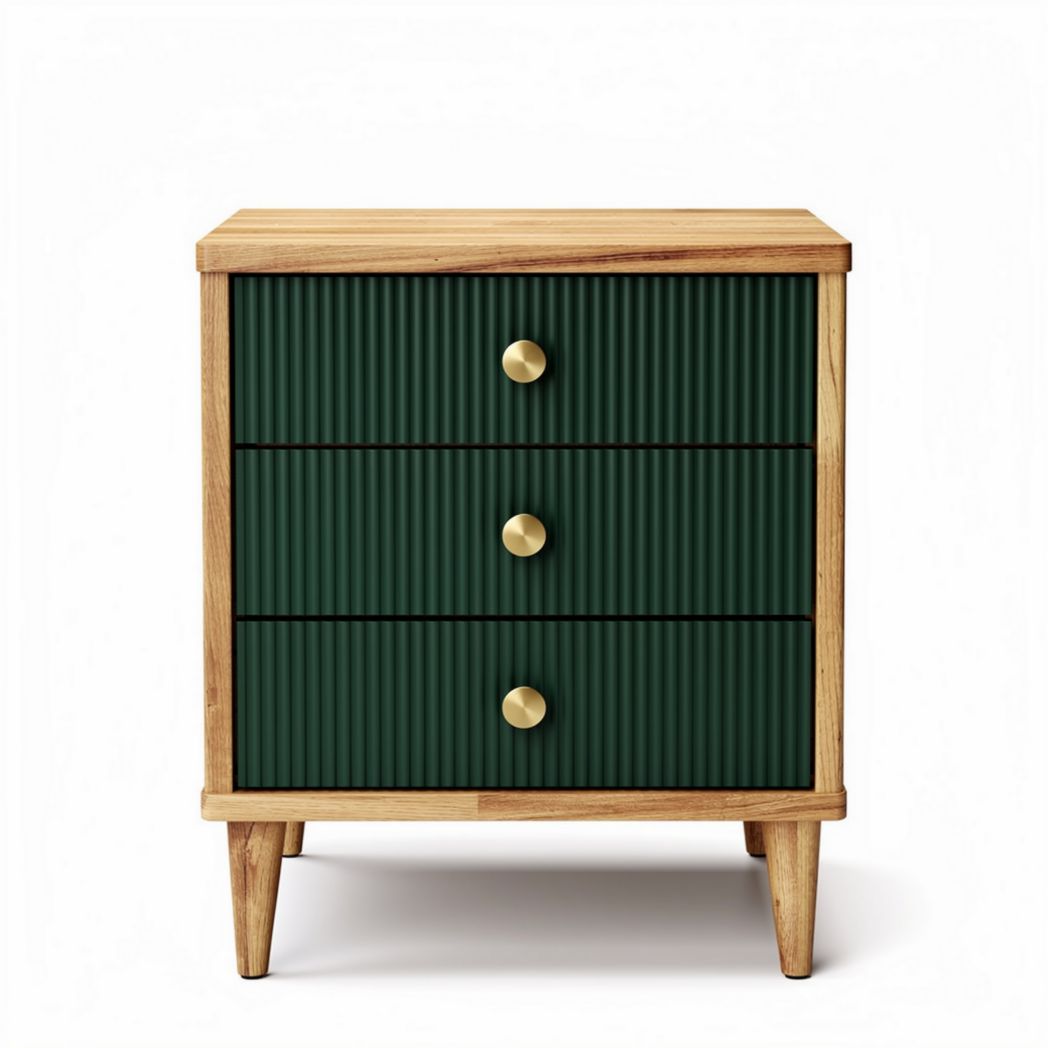 Green ribbed nightstand with three drawers and wooden legs 45 x 40 x 60cm