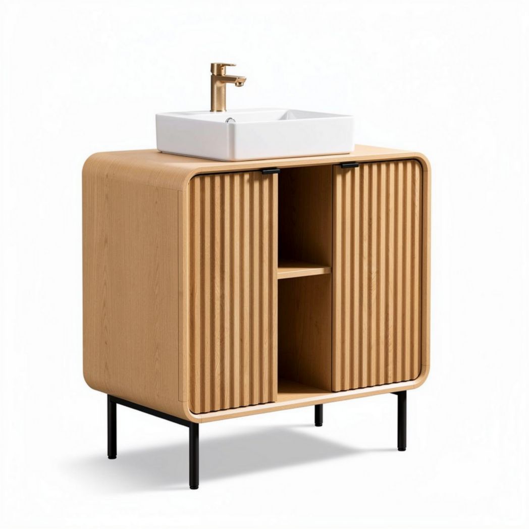 Wooden bathroom vanity cabinet with white ceramic sink and black legs 80 x 40 x 85cm