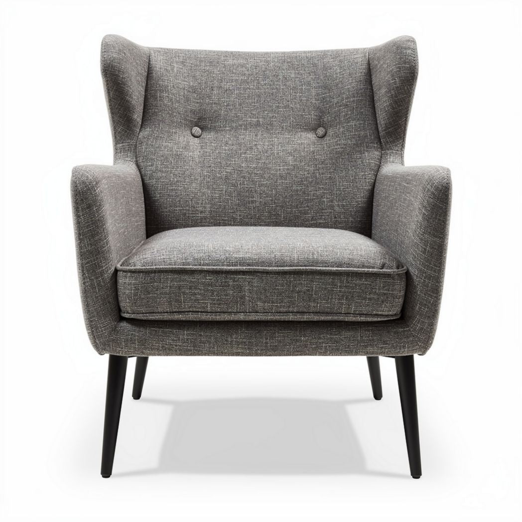 Grey upholstered accent chair with button tufting and wooden legs 80 x 70 x 85cm