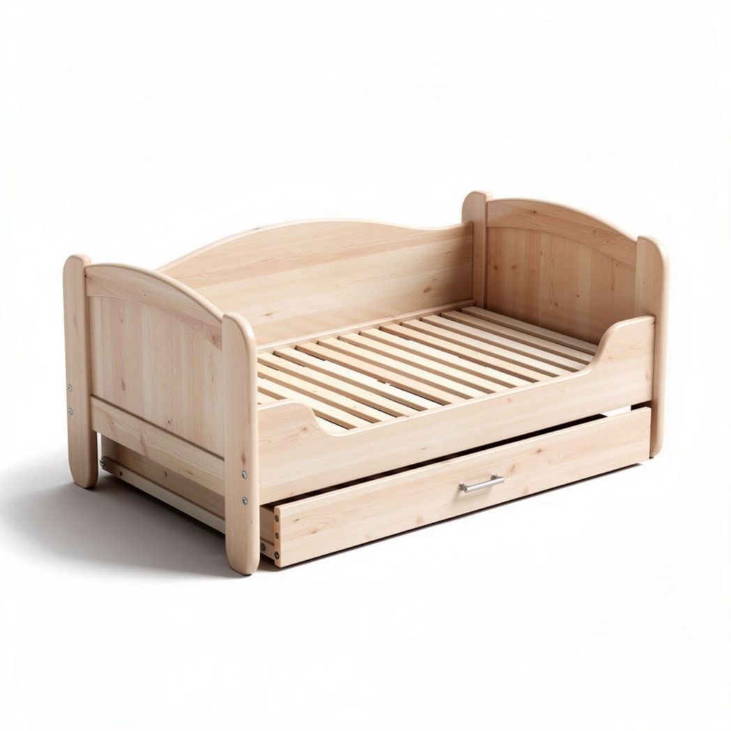 Wooden toddler bed with storage drawer and slatted design natural finish 150 x 80 x 60cm