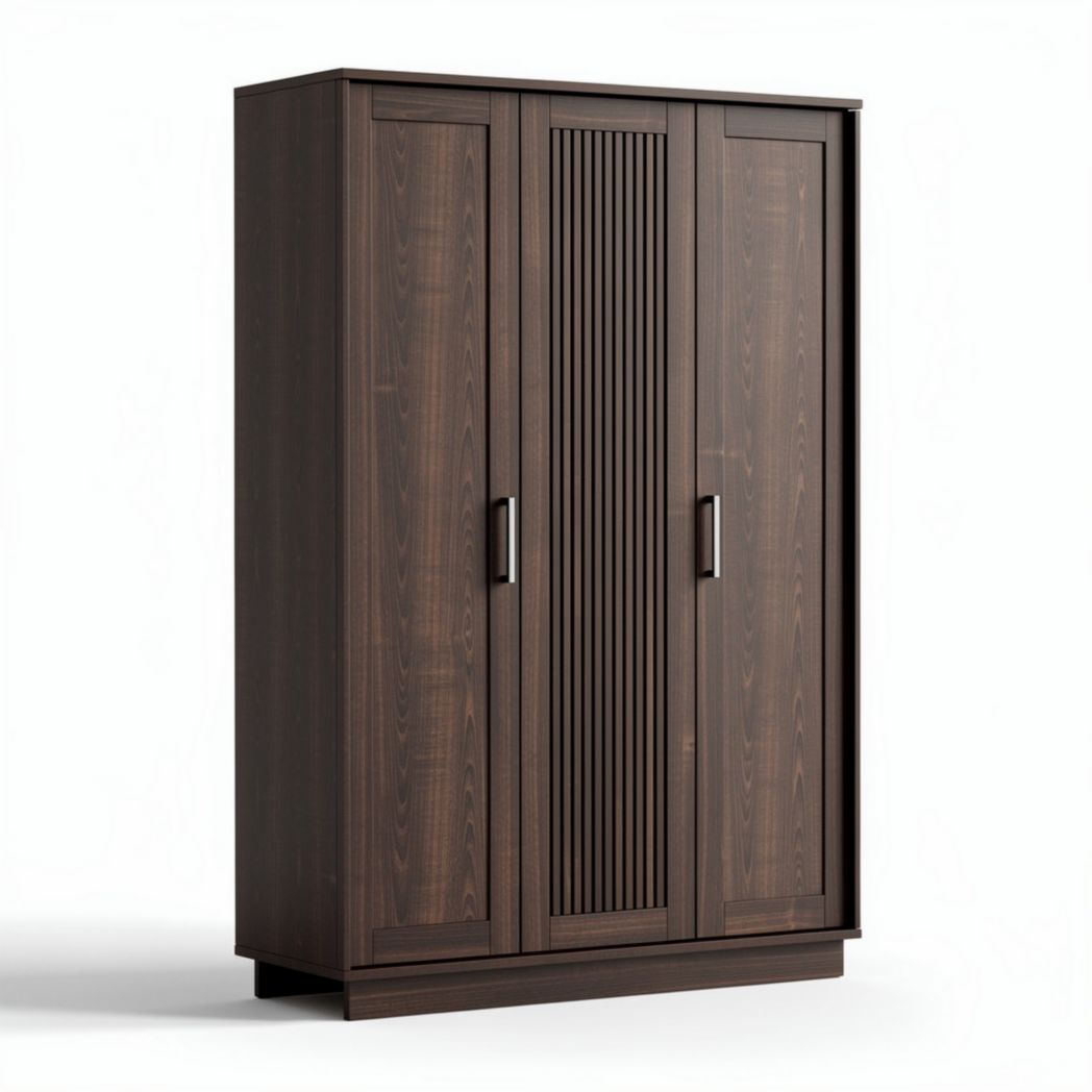 Three-door wardrobe in dark brown wood finish with vertical slats 180 x 90 x 50cm