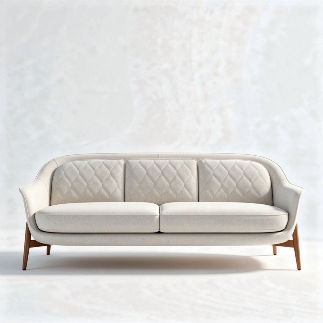 Fabric upholstered three-seater sofa in off-white with wooden legs 200 x 85 x 75cm