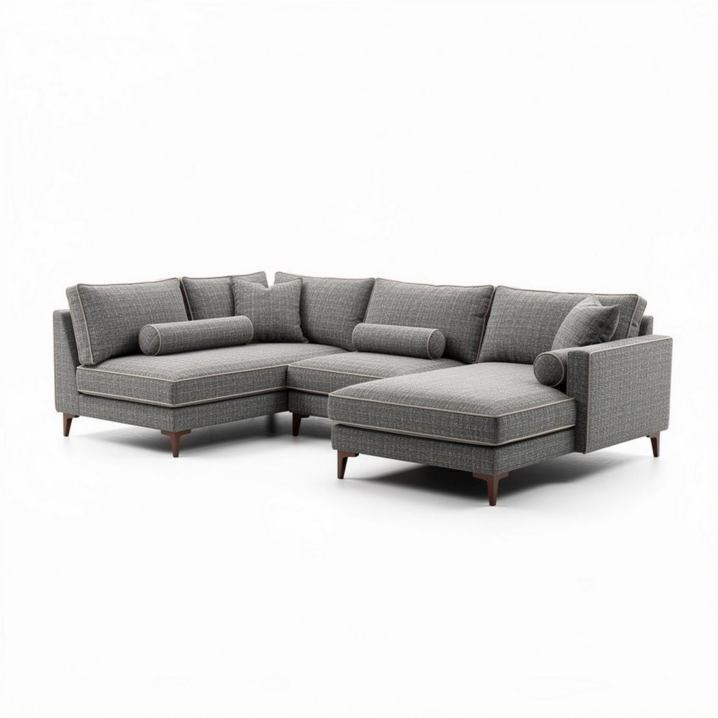 Sectional sofa in grey fabric with cushions and wooden legs 230 x 150 x 85cm