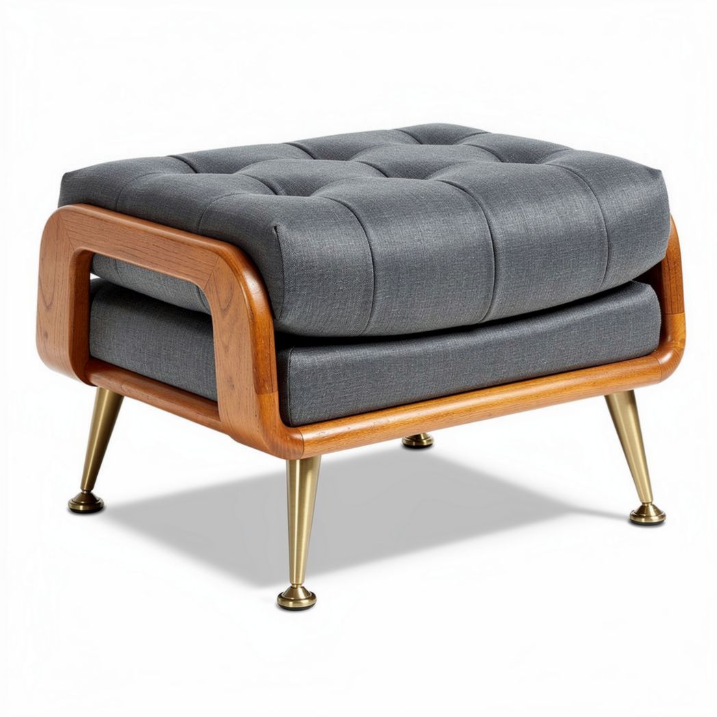 Mid-century modern gray upholstered ottoman with wooden frame and brass legs 75 x 75 x 45cm