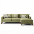 Green fabric sectional sofa with wooden legs and decorative pillows 200 x 90 x 85cm