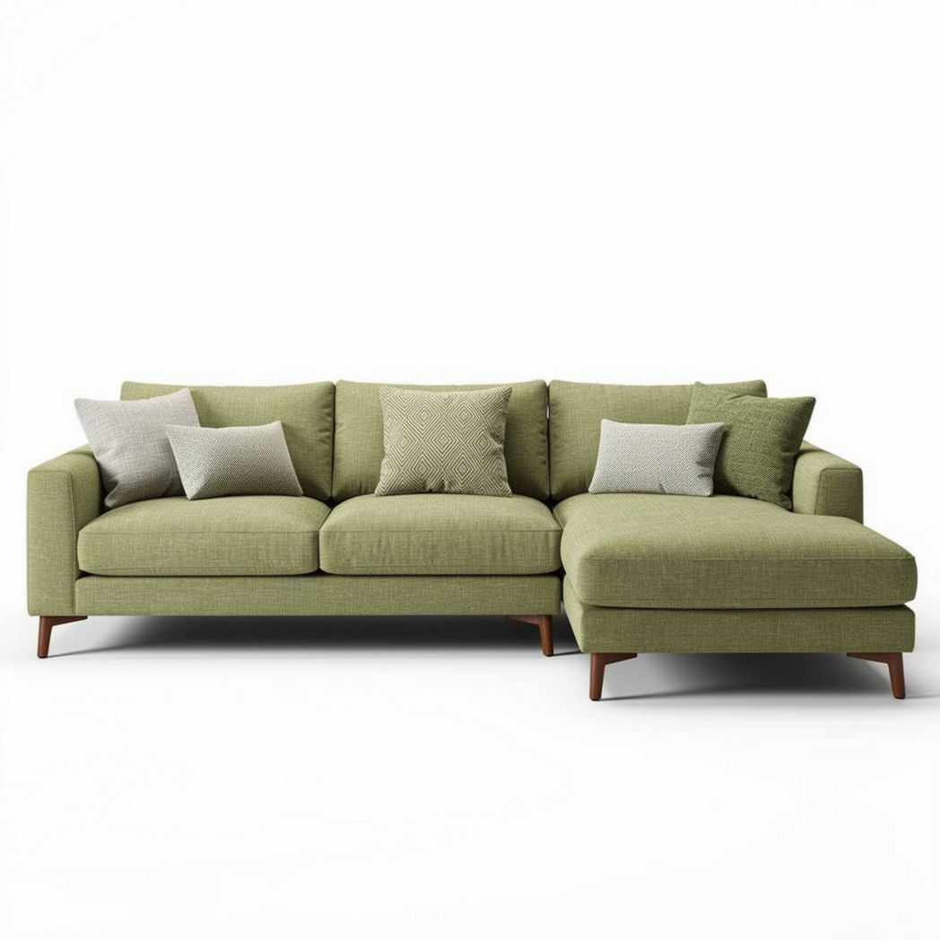 Green fabric sectional sofa with wooden legs and decorative pillows 200 x 90 x 85cm